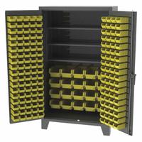 GREENE MANUFACTURING, INC. Bin Cabinet: 48 in x 24 in 84 in, 3 Shelves, 162 Bins, Yellow, Flush (MPN EX-724-1BS5). Key specifications — Bin Color: Yellow; Bin HxWxD: (142) 3 in x 4-1/8 in x 7-3/8 in; Assembled: Assembled; Cabinet Style: Shelf and Bin; Brand: GREENE MANUFACTURING, INC.; Cabinet Color: Gray; Cabinet Finish: Baked Enamel; Cabinet Material: Steel.