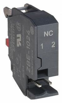 SCHNEIDER Contact Block: 22 mm Panel Mounting Size, 1NC, Momentary, ZB4/ZB5 Series (MPN ZBE1024). Key specifications — Switch Action: Momentary; Terminal Connection Type: Plug-In Connector; Brand: SCHNEIDER; Compatible with Series: ZB5.