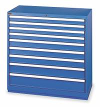 LISTA Modular Drawer Cabinet: 40 1/4 in x 22 1/2 in x 41 3/4 in, 9 Drawers, 117 Compartments, Steel (MPN HS09-0901A-FTKABB). Key specifications — Drawer Inside Height: (4) 2 in; Drawer Access: Single; Base Type: Frame; Number of Compartments per Drawer: (2) 12; Brand: LISTA; Cabinet Color: Bright Blue.