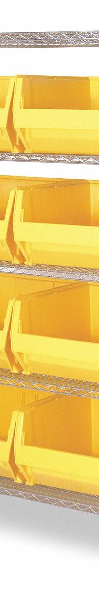 QUANTUM STORAGE SYSTEMS Bin Shelving: 42 in x 30 in x 74 in, 1 Sided, 8 Bins, Open, Yellow (MPN WR5-975YL). Key specifications — Includes Bins: Yes; Bin Material: Polypropylene; Frame Color: Silver; Bin HxWxD: (8) 12 in x 18-1/4 in x 29-7/8 in; Frame Material: Steel; Bin Color: Yellow; Bin Style: Hang and Stack; Brand: QUANTUM STORAGE SYSTEMS.