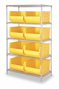 QUANTUM STORAGE SYSTEMS Bin Shelving: 42 in x 30 in x 74 in, 1 Sided, 8 Bins, Open, Yellow (MPN WR5-975YL). Key specifications — Includes Bins: Yes; Bin Material: Polypropylene; Frame Color: Silver; Bin HxWxD: (8) 12 in x 18-1/4 in x 29-7/8 in; Frame Material: Steel; Bin Color: Yellow; Bin Style: Hang and Stack; Brand: QUANTUM STORAGE SYSTEMS.