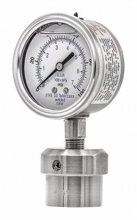 PIC GAUGES Pressure Gauge with Diaphragm Seal: 0 psi to 100 psi, 301L/0JJJ, 2 1/2 in Dial, Glycerin (MPN 301L254E/0JJJ200). Key specifications — Brand: PIC GAUGES; Gauge Case Liquid: None; Seal Fill Liquid: Glycerin; Seal Lower Housing Material: 316 Stainless Steel; Accuracy: ±2-1-2%; Gauge Wetted Parts: Stainless Steel.