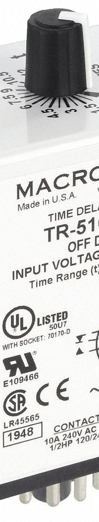 MACROMATIC Single Function Time Delay Relay: Socket Mounted, 120V AC/DC, 10 A, 11 Pins/Terminals (MPN TR-51622-14). Key specifications — Brand: MACROMATIC.