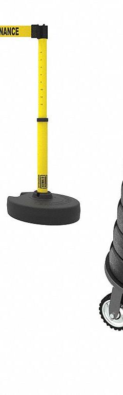Belt Barrier System: 42 in Post Ht, 15 ft Belt Lg, Yellow, 6 No. of Posts, Message, Fillable Base (MPN PL4007T). Key specifications — Brand: BANNER STAKES; Base Shape: Round Flat; Belt Color: Yellow; Message: Closed for Maintenance; Post Color: Yellow; Includes: Accessory Tray; Belt Type: Message.