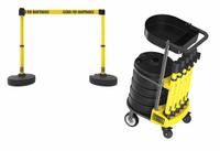 Belt Barrier System: 42 in Post Ht, 15 ft Belt Lg, Yellow, 6 No. of Posts, Message, Fillable Base (MPN PL4007T). Key specifications — Brand: BANNER STAKES; Base Shape: Round Flat; Belt Color: Yellow; Message: Closed for Maintenance; Post Color: Yellow; Includes: Accessory Tray; Belt Type: Message.