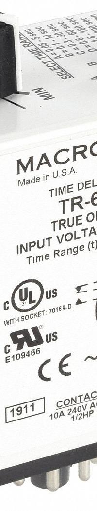 MACROMATIC Single Function Time Delay Relay: Socket Mounted, 12V DC, 10 A, 8 Pins/Terminals (MPN TR-60626). Key specifications — Brand: MACROMATIC.