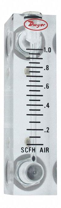 DWYER Flowmeter: Acrylic Flowmeter, Scale, Variable Area, Inline, Vertical, 0.1 scfh – 1 scfh, 120°F (MPN VFA-1-BV). Key specifications — Display Type: Scale; O-Ring Material: Buna-N; Includes Flow Rate Adjustment Knob: Yes; Includes Pressure Guage: No; Mounting Orientation: Vertical; Brand: DWYER; Accuracy: +/-5%; Seal Material: Buna-N.