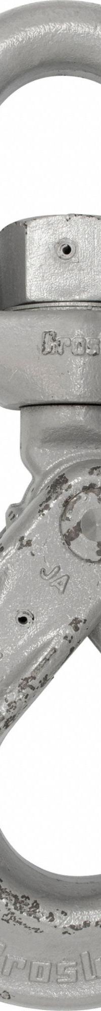 CROSBY Self-Locking Hook: 2,560 lb Working Load Limit, 100 Hook Grade, Alloy Steel, Swivel, Plain (MPN 1004304). Key specifications — Color: Silver; Brand: CROSBY; Visual Indicator Markings: Deformation & Max Angle.