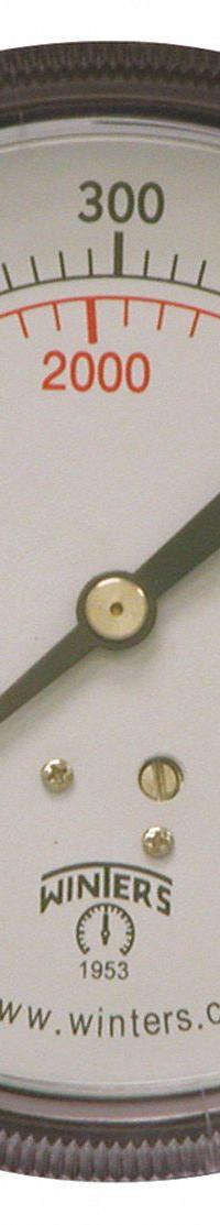 WINTERS Panel-Mount Pressure Gauge: U-Clamp, 0 psi to 600 psi, 3 1/2 in Dial, 1/4 in NPT Male, IP52 (MPN P9U901463UC). Key specifications — Accuracy: ±2-1-2%; Brand: WINTERS; Vibration Resistance Properties: Dry Case Vibration-Dampened; Gauge Wetted Parts: Brass / Bronze.