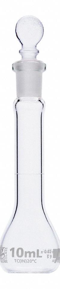 GLOBE SCIENTIFIC Volumetric Flask: 10 mL, Colorless, A, 0.02 mL, Includes Closure, 90 mm Overall Ht (MPN 8200010). Key specifications — Tolerance: 0.02 mL; Body Color: Colorless; Brand: GLOBE SCIENTIFIC; Compatible with Stopper Size: 9; USP Specification: Type I.