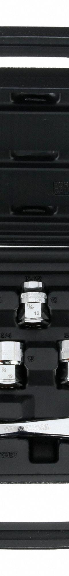 CHANNELLOCK Socket Wrench Set: 3/8 in Drive Size, 16 Pieces, (13) 12-Point (MPN 39100). Key specifications — attr1204464: CHANNELLOCK; attr1204481: (13) 12-Point; attr1206533: 5/16 in in to 7/8 in; attr1206566: 8 in Round Head Quick Release Ratchet; attr1227480: 3/8 in.