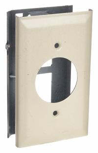 LEGRAND Single Receptacle Cover: 3000, 1 1/2 in Ht, 2 3/4 in Raceway Wd, Steel, Ivory (MPN V3027AE). Key specifications — attr1038: LEGRAND; attr1057: Steel; attr1135: Round Opening 1-Gang Box Cover; attr1039: 3000; attr1046: For Installing of Commercially Straight Blade and Locking Single Receptacle; attr1044: Ivory; attr1136: Device Boxes.