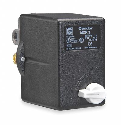 CONDOR USA, INC Pressure Switch: Std, 45 psi – 160 psi, (3) 1/4" FNPT/3/8" FNPT - Motor Overload-Protected Pressure Switches for Air & Water