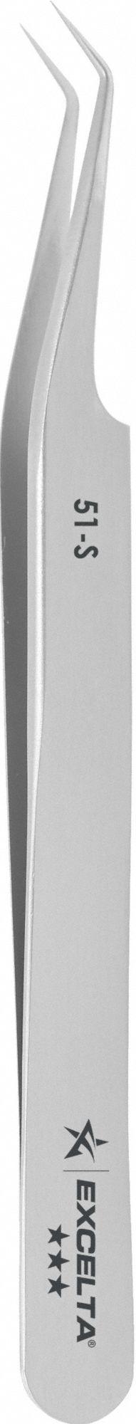 EXCELTA Tweezers: Stainless Steel, Point, Offset Tip, 0.002 in Tip Thick (MPN 51-S). Key specifications — attr1002355: Stainless Steel; attr1002345: EXCELTA; attr1002348: Stainless Steel; attr1002358: Smooth; attr1002361: 51-S; attr1024781: Standard.