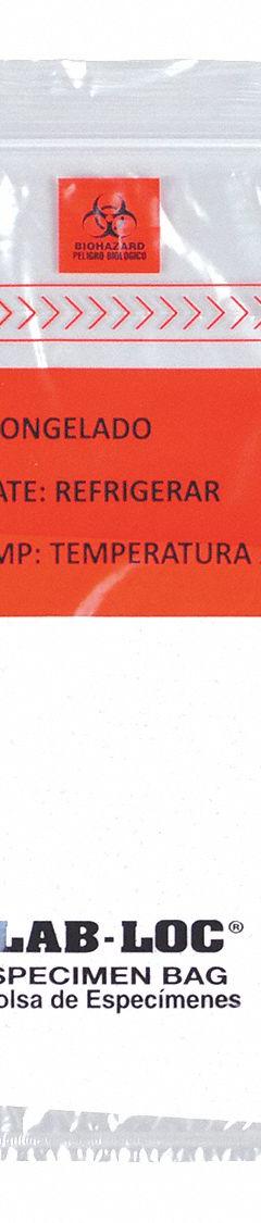 Specimen Transfer Bag: LDPE, Biohazard, 1.75 mil Thick, Clear, 15 in Overall Ht, Zipper, 1,000 PK (MPN LABZ1215BA). Key specifications — Brand: LK PACKAGING; Closure Type: Zipper; Product Type: Specimen Transfer Bag; Manufacturer Part Number: LABZ1215BA; Color: Clear; Display Sell UOM: PK; Legend: Biohazard.