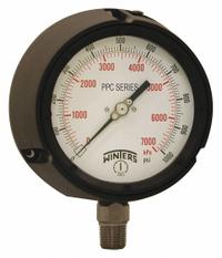 WINTERS Process Pressure Gauge: 0 psi to 1,000 psi, White, 4 1/2 in Dial, 1/2 in NPT Male, Bottom, 4 (MPN PPC5070G-SG45). Key specifications — Brand: WINTERS; Pointer Color: Black; Accuracy: ±0.5%; Dial Color: White; Gauge Wetted Parts: Stainless Steel; Case Material: Phenolic; Vibration Resistance Properties: Liquid-Filled; Pressure Range: 0 psi to 1,000 psi.