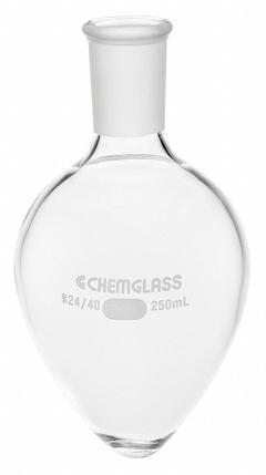 CHEMGLASS Boiling Flask: 15 mL, Colorless, Pear, A, 14/20 Compatible with Stopper Size (MPN CG-1554-24). Key specifications — Shape: Pear; Body Color: Colorless; Brand: CHEMGLASS; Compatible with Stopper Size: 14/20; USP Specification: Type I.