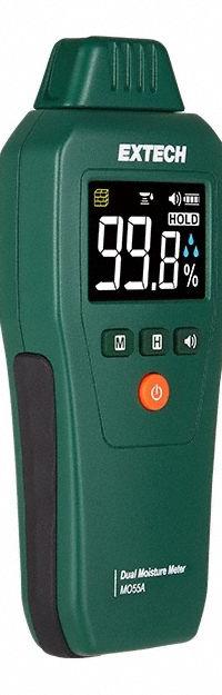 EXTECH Moisture Meter: Digital, LCD with Backlight, Pin/Pinless, ±3% Moisture Content Accuracy (MPN MO55A). Key specifications — attr999354: Digital; attr1009272: Built-In Material Library; attr999347: Drywall; attr999350: LCD with Backlight; attr999383: ±3%; attr999345: EXTECH.