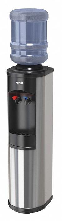 OASIS Bottled Water Dispenser: Freestanding, Top Loading, Cold/Hot, Black, Stainless Steel, 12 in Wd (MPN BTSA1SHS). Key specifications — Water Type: Still; Operating Voltage: 115V AC; Power Source: Electric Corded; Water Temperature Types: Cold; Brand: OASIS; Housing Color: Black; Material: Stainless Steel.