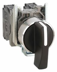 SCHNEIDER Selector Switch: 22 mm Panel Mounting Size, 3 Positions, Extended Lever, 2NO, Metallic (MPN XB4BJ33). Key specifications — AC Contact Rating: 1.2 A @ 600 V; Action: Maintained/Maintained/Maintained; Cam: No Cam Included; DC Contact Rating: 0.1 A @ 600 V; Hazardous Location Specification: Not Rated; Operator Head Material: Plastic; Operator Head Type: Long-Handled Knob; Operator Illumination: Non-Illuminated.