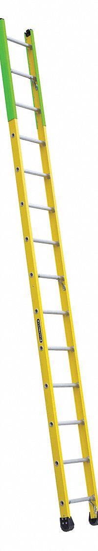 LOUISVILLE LADDER Straight Ladder: 14 ft Ladder Size, Fiberglass, 375 lb Load Capacity, 30 lb Wt (MPN FE8914). Key specifications — Color: Green; Brand: LOUISVILLE LADDER; Included Features: Side Rail Bumpers; Shoe Type: Slip-Resistant.
