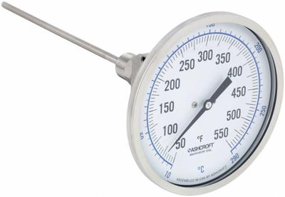 ASHCROFT Dial Thermometer: 50°F to 550°F /10°C to 290°C, ±1% Accuracy, 9 in Stem Lg - Adjustable-Angle Thread-Mount Dial Thermometers