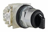 SCHNEIDER Selector Switch: 30 mm Panel Mounting Size, 3 Positions, Short Lever, DPDT, Metallic (MPN 9001KS53BH2). Key specifications — AC Contact Rating: 6 A @ 120 V; Action: Momentary/Maintained/Momentary; Cam: C; DC Contact Rating: 0.1 A @ 600 V; Hazardous Location Specification: Not Rated; Operator Head Material: Polycarbonate; Operator Head Type: Short-Handled Knob; Operator Illumination: Non-Illuminated.