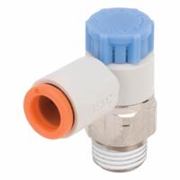 SMC Speed Control Valve: Elbow Fitting, Knob, 1/4 in/1/8 in Valve Body Size, 3/8 in Tube, Meter In (MPN AS2211F-N02-11SA). Key specifications — attr947203: Brass/PBT; attr947205: SMC.