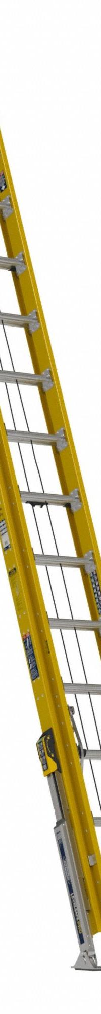 WERNER Extension Ladder: 28 ft Ladder Size, Fiberglass, 375 lb Load Capacity, 87 lb Wt, 2 Sections (MPN D7128-2L). Key specifications — Color: Yellow; Brand: WERNER; Included Features: Bubble Level; Removable Fly: Removable.