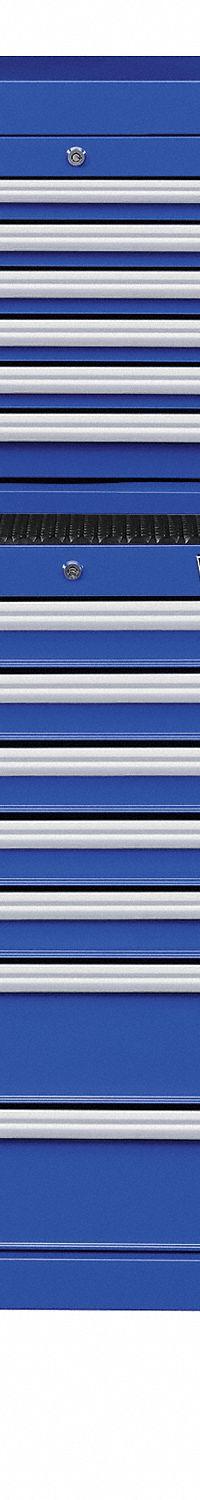 WESTWARD Tool Chest and Cabinet Combination: 13 Drawers, Light Duty, Keyed, Blue / Powder Coated (MPN 7CY27). Key specifications — attr1116680: Blue; attr1116684: Ball Bearing; attr1116690: WESTWARD; attr1116659: Keyed; attr1116661: Rolling Tool Cabinet 26-3/4 in W x 18 in D x 39-1/2 in H.