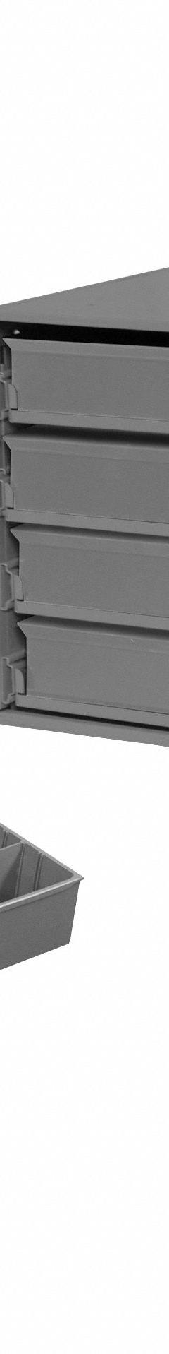 Sliding Drawer Cabinet: 20 in x 15 3/4 in x 15 in, 4 Drawers, 9 Dividers, Gray, Glide, Assembled (MPN 303-95-D944). Key specifications — Cabinet Color: Gray; Stackable: Yes; Number of Compartments per Drawer: 4 to 13; Brand: DURHAM MFG.