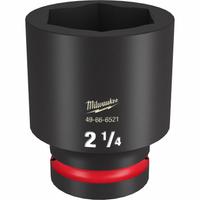MILWAUKEE Deep Impact Socket: 1 in Drive Size, SAE, 2 1/4 in Socket Size, 6-Point, Deep, Friction (MPN 49-66-6521). Key specifications — attr1215501: MILWAUKEE; attr1215515: Black Phosphate; attr1215518: 2-1/4 in.