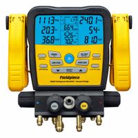 FIELDPIECE Manifold Gauge: 4 Valves, Series SMAN®, 5 in Gauge, Job Link® (MPN SM482V). Key specifications — Product Type: Manifold Gauge Set; For Refrigerant Type: R-227EA; Brand: FIELDPIECE; Includes: (2) TC24 Wired Type-K Pipe Clamp Thermocouples; Gauge Boots: No; Sight Glass: Yes.