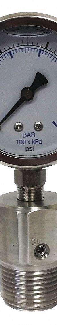 KODIAK Pressure Gauge with Diaphragm Seal: 0 psi to 600 psi, KC301/DSM35FLUSH, 2 1/2 in Dial, Bottom (MPN KC301L25600/DSF14-M). Key specifications — Brand: KODIAK; Gauge Case Liquid: Glycerin; Seal Fill Liquid: Mineral Oil; Gauge Case Material: 304 Stainless Steel; Seal Lower Housing Material: 316 Stainless Steel; Accuracy: ±1.60%; Gauge Wetted Parts: Stainless Steel.
