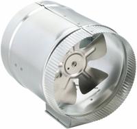 In-Line Duct Fan: 325 cfm Max., 8 in Duct, 18.6 W, 120V AC, 1 Ph, Galvanized Steel (MPN EF-8). Key specifications — Includes: External Junction Box for Easy Wiring; Brand: TJERNLUND; Speed Controllable: Yes; High-Efficiency Motor: No; Nameplate Voltage: 120V AC; Number of Speeds: 1; Airflow @ 0.000 in SP - Range: 250 to 499 cfm; High-Efficiency Motor_Broad: Standard-Efficiency Motor.