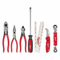 MILWAUKEE POWER UTILITY APPRENICE HT KIT: 7 Total Pcs, 10 or less Pieces Range (MPN 48-22-0143). Key specifications — attr646319: Sockets Not Included; attr548984: None; attr548989: (1) Diagonal-Cutting Pliers; attr646318: SAE; attr548987: None; attr548988: (1) Box End Wrench; attr548990: (1) Knife; attr552361: None.