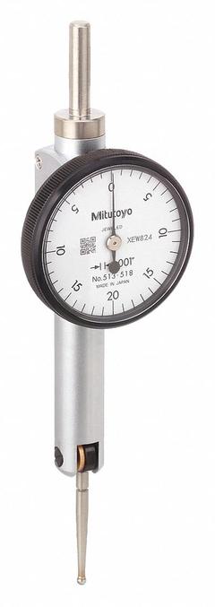 MITUTOYO Horizontal Dial Test Indicator: 0 in to 0.04 in, Horizontal, Inch, +/- 0.001 in (MPN 513-518-10T). Key specifications — attr1184166: Holding Rod; attr1200917: Horizontal Dial Test Indicator; attr1184127: 513-518-10T; attr1184167: MITUTOYO; attr1184108: +/- 0.001 in; attr1184144: Short Form Certificate of Inspection with NIST Traceability.