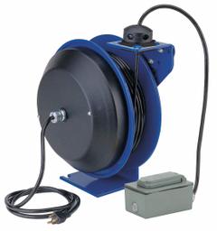COXREELS Extension Cord Reel: Ratchet Lock, 50 ft Cord Lg, 12 AWG, SJO, 5-20R Cord Lg, 5-20P, Blue (MPN PC13-5012-F). Key specifications — Retractable Cord Ending NEMA Configuration: 5-20R; Feeder Cord Ending NEMA Configuration: 5-20P; Brand: COXREELS.