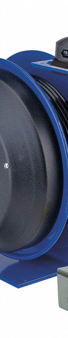 COXREELS Extension Cord Reel: Ratchet Lock, 50 ft Cord Lg, 12 AWG, SJO, 5-20R Cord Lg, 5-20P, Blue (MPN PC13-5012-F). Key specifications — Retractable Cord Ending NEMA Configuration: 5-20R; Feeder Cord Ending NEMA Configuration: 5-20P; Brand: COXREELS.
