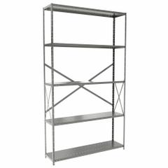 HALLOWELL Metal Shelving: Standalone, Medium-Duty, 48 in x 12 in, 84 in Overall Ht, 5 Shelves (MPN F4710-12HG). Key specifications — Frame Material: Steel; Shelving Material: Steel; Assembled: Unassembled; Color: Gray; Brand: HALLOWELL.
