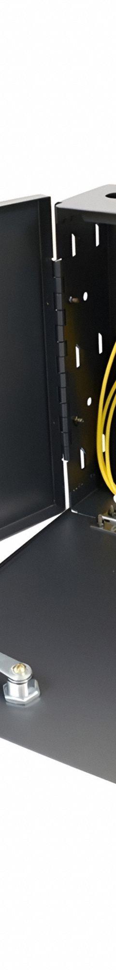 Wall Mount Termination Box: 4 Ports, Hinged Front Door (MPN WTB-FWM-6102). Key specifications — Brand: FIBERTRONICS; Compatible Adapter Type: LGX; Material: Steel.