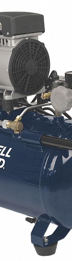 CAMPBELL HAUSFELD Portable Air Compressor: Quiet, Oil Free, 8 gal, Hot Dog, 1 hp, 2.4 cfm @ 90 psi (MPN DC080500). Key specifications — attr48686: Oil Free; attr48685: 120V AC; attr48678: 7.5 A; attr48688: Wheels; attr48671: CAMPBELL HAUSFELD; attr124308: Quiet (less than 75 dBA).