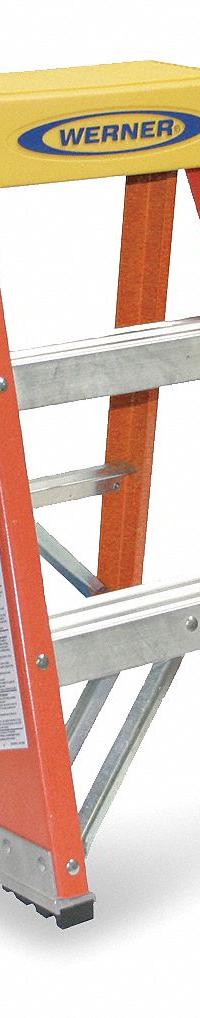 WERNER Step Stool: 2 Steps, 2 ft Overall Ht, 300 lb Load Cap, Fiberglass, 2 ft Standing Ht (MPN 6202). Key specifications — Brand: WERNER; Color: Orange.