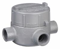 Conduit Outlet Body: Iron, GE, 1 in Trade Size, X Body, 19 cu in Body Capacity (MPN GECXT-3M). Key specifications — Series: For Standard Body; Compatible Conduit Trade Size: 1 in; Thread Gender: Female; Hub Style: Threaded; Cover Included: Yes; Body Style: X; Connection Type: Threaded; Back Type: Flat.
