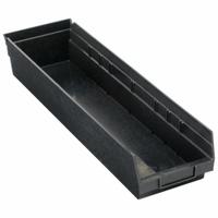 QUANTUM STORAGE SYSTEMS Shelf Bin: 23 5/8 in Overall Lg, 6 5/8 in x 4 in, Black, Nesting Capable (MPN QSB106CO). Key specifications — attr1179622: QUANTUM STORAGE SYSTEMS; attr1179611: 0%; attr1179616: QSB106CO; attr1179624: Dividers Not Included; attr1249172: Electrostatic Discharge Conductive.