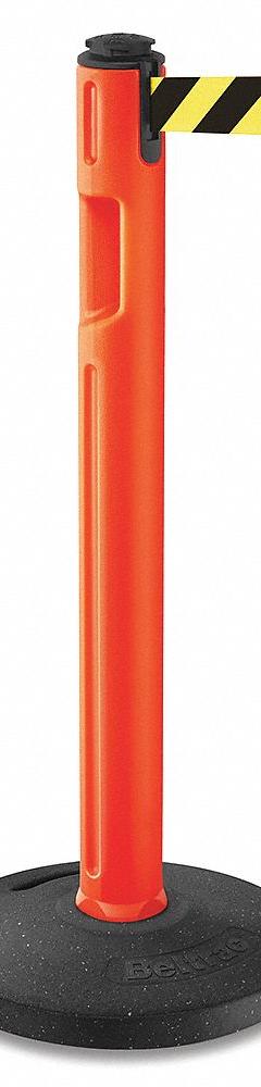 LAVI Barrier Post with Belt: Black/Yellow, Diagonal Stripe, No Legend, 12 ft Belt Lg, Orange (MPN 80-5000R/OR/SF). Key specifications — Base Material: Rubber; Belt Color: Black/Yellow; Brand: LAVI; Post Material: Plastic; Post Color: Orange; Message: No Legend.