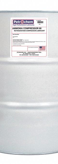 PETROCHEM Compressor Oil: 55 gal, Drum, 20 SAE Grade, 68 ISO Viscosity Grade, 98 Viscosity Index (MPN AMMONIA COMPRESSOR 68-055). Key specifications — attr59744: 98; attr59746: 68; attr59736: No; attr59735: Drum; attr59749: 20.