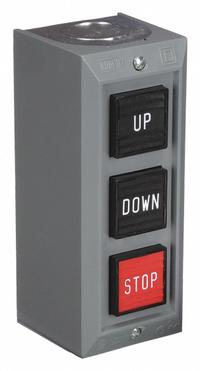 SQUARE D Control Station: (3) Push Buttons, 0 Pilot Lights, 2NO/3NC, Up/Down/Stop, (3) Momentary (MPN 9001BG305). Key specifications — attr1022946: Up/Down/Stop; attr1022956: Red; attr211290: SQUARE D; attr1042017: Indoor Use Only; attr1089900: (3) Push Buttons.