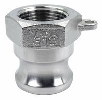 Cam and Groove Adapter: 3/4 in Coupling Size, 3/4 in-14 Thread Size, 1 17/32 in Overall Lg, FNPT (MPN PLE82). Key specifications — Thread Size: 3/4 in-14; Fitting Type: FNPT; Includes Locking Arm: No; Body Material: 316 Stainless Steel; Brand: APPROVED VENDOR.