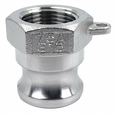 APPROVED VENDOR Cam and Groove Adapter: 3/4 in Coupling Size, 3/4 in-14 Thread Size, 1 17/32 in Overall Lg - Type A Stainless Steel Cam & Groove Fittings